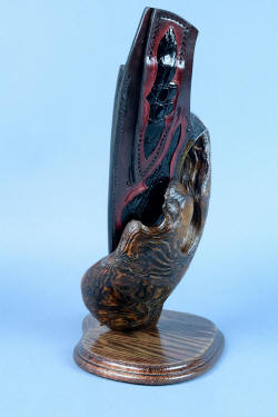 "Golden Eagle" stand view, sheath back and burl detail in weathered ponderosa pine on antiqued red oak.