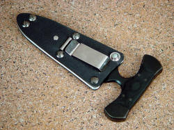 "Grim Reaper" sheath back detail. Boot, belt clip in nickel plated steel allows good security, yet quick and speedy relocation of knife and sheath ensemble