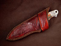 "Grus" 440C stainless steel blade, hand-engraved 304 Stainless steel bolsters, Binghamite gemstone handle, hand-carved leather inlaid with ostrich leg skin crossdraw  sheath