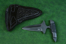 Custom "Guardian" Push/punch tactical counterterrorism dagger in T3 Cryogenically treated CPM154CM powder metal technology martensitic high molybdenum stainless steel, 304 austenitic stainless steel bolsters, G10 fiberglass/epoxy composite handle, hybrid tension tab-lock sheath in kydex, anodized aluminum and titanium, stainless steel