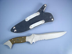 "Halius" tactical combat knife, reverse side view. Note thick and wide belt loops on tactical combat sheath, comfortable lines of tough G10 handle handle. 