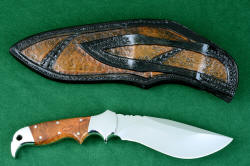 "Hooded Warrior" reverse side view. Leather sheath back is fully tooled and hand-dyed, belt loop has double row stitching for durabilty.