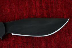 "Hooded Warrior" (Shadow Line), reverse side blade detail. Stainless steel blade is highly corrosion resistant, wear, resistant, with cryogenic treatment for maximum carbide precipitation and condition.