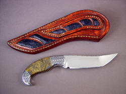 "Iraca" fine handmade tanto style collector's knife, reverse side view. Note frog skin inlays on rear of sheath