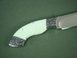 Izanami knife, reverse side handle detail: Nickel manesite/Chrysoprase gemstone (also called lemon chrysoprase) is very tough, hard, and polished.