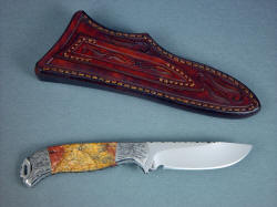 "Izar" reverse side view. Note full bolster fine detail engraving, hand-carving on knife sheath back and loop
