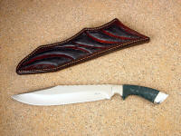 "Jungle Bowie" 440C high chromium stainless steel blade, 304 stainless steel bolsters, Indian Green Moss Agate gemstone handle, Ostrich leg inlaid in hand-tooled leather shoulder.