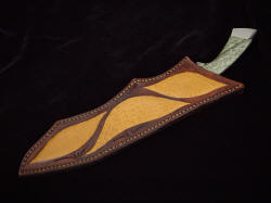 "Jungle Bowie" sheathed view. Sheath is deep, hand-stitched, inlaid with large panels of Emu skin