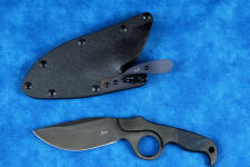 "Kairos" Tactical, Counterterrorism Knife, obverse side view in T3 cryogenically treated 440C high chromium martensitic stainless steel blade, 304 stainless steel bolsters, blue and black G10 fiberglass epoxy composite handle, hybrid tension-locking tab-lock sheath in kydex, anodized aluminium, stainless steel and titanium