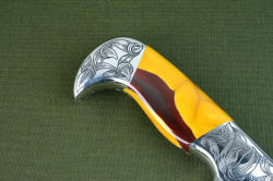 "Knapp Trailhead" reverse side rear bolster detail. Seamless fit, fine lines, bold engraving in this beautiful knife