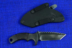 "Krag" tactical, counterterrorism professional knife, reverse side view showing sheath mounted with die-formed anodized aluminum belt loops