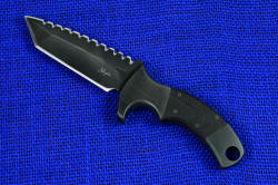 "Krag" tactical, counterterrorism professional knife, obverse side view. Large forefinger quillon protects hand from extremely sharp single bevel edge and thumb drive allows application of force to blade