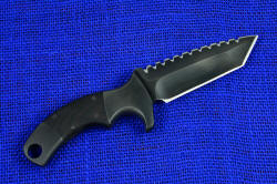 "Krag" tactical, counterterrorism professional knife, reverse side view. Blade is differentially ground with deep hollow grind for main cutting edge, and thicker grind for hammerhead serrations