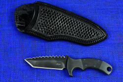 "Krag" tactical, counterterrorism professional knife, with leather sheath in hand-stamped thick leather shoulder, double row stitching throughout