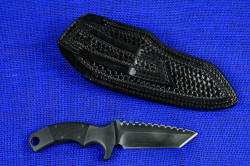 "Krag" tactical, counterterrorism professional knife, reverse side view with sheath back. Sheath belt loop is double-row stitched for strength