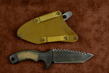 "Krag" tactical, counterterrorism, crossover knife, reverse side view in ATS-34 high molybdenum martensitic stainless steel blade, 304 stainless steel bolsters, coyote, black, olive G10 fiberglass/epoxy composite handle, hybrid tension tab-locking sheath in kydex, anodized aluminum, gold oxide stainless steel and anodized titanium