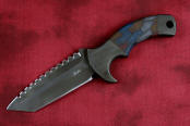 "Krag" tactical, counterterrorism, crossver knife, obverse side view in ATS-34 high molybdenum martensitic stainless steel blade, 304 stainless steel bolsters, multicolored tortoiseshell  G10 fiberglass/epoxy composite handle, hybrid tension tab-locking sheath in kydex, anodized aluminum, black oxide stainless steel and anodized titanium