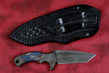 "Krag" tactical, counterterrorism, crossover knife, reverse side view in ATS-34 high molybdenum martensitic stainless steel blade, 304 stainless steel bolsters, multicolored tortoiseshell  G10 fiberglass/epoxy composite handle, leather sheath in hand-tooled shoulder, nylon, stainless steel