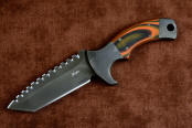 "Krag" tactical, counterterrorism, crossver knife, obverse side view in T4 cryogenically treated 440C high chromium martensitic stainless steel blade, 304 stainless steel bolsters, Orange and Black  G10 fiberglass/epoxy composite handle, hybrid tension tab-locking sheath in kydex, anodized aluminum, black oxide stainless steel and anodized titanium