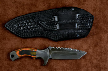 "Krag" tactical, counterterrorism, crossover knife, reverse side view in T4 cryogenically treated 440C high chromium martensitic stainless steel blade, 304 stainless steel bolsters, Orange and Black  G10 fiberglass/epoxy composite handle, heavy 9-10 oz. thick leather sheath with nylon stitching and black oxide stainless steel fasteners