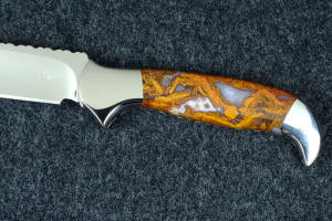 "Lanceolate" obverse side handle profile in T3 deep cryogenically treated 440C high chromium martensitic stainless steel blade, 304 stainless steel bolsters, Cady Mountain Plume Agate gemstone handle, hand-carved leather sheath inlaid with black caiman skin