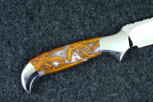 "Lanceolate" reverse side handle profile in T3 deep cryogenically treated 440C high chromium martensitic stainless steel blade, 304 stainless steel bolsters, Cady Mountain Plume Agate gemstone handle, hand-carved leather sheath inlaid with black caiman skin