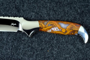"Lanceolate" Maker's mark detail in T3 deep cryogenically treated 440C high chromium martensitic stainless steel blade, 304 stainless steel bolsters, Cady Mountain Plume Agate gemstone handle, hand-carved leather sheath inlaid with black caiman skin
