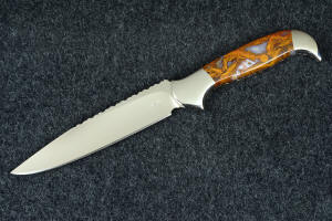 "Lanceolate" obverse side knife profile in T3 deep cryogenically treated 440C high chromium martensitic stainless steel blade, 304 stainless steel bolsters, Cady Mountain Plume Agate gemstone handle, hand-carved leather sheath inlaid with black caiman skin