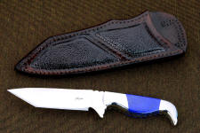 "Last Chance" obverse side view in CTS-XHP high chromium stainless powder metal technology blade, 304 stainless steel bolsters, Lapis Lazuli gemstone handle, buffalo skin inlaid in hand-carved leather sheath