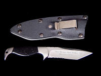New Mexico State Police Knife: "Last Chance" in etched 440C high chromium stainless steel blade, 304 stainless steel bolsters, Midnight stone (chrysopyrite and slate) gemstone handle, kydex, aluminum, engraved brass, steel sheath