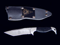 New Mexico State Police Knife: "Last Chance" in etched 440C high chromium stainless steel blade, 304 stainless steel bolsters, Midnight stone (chrysopyrite and slate) gemstone handle, kydex, aluminum, engraved brass, steel sheath