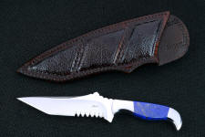 "Lethal Chance" obverse side view in CTS-XHP high chromium martensitic powder metal technology tool steel blade, 304 stainless steel bolsters, Lapis Lazuli gemstone handle sheath of Buffalo skin inlaid in hand-carved leather