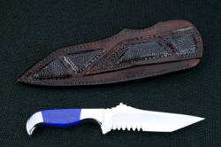 "Lethal Chance" reverse side view. Belt loop and sheath back have full carved panel inlays of Buffalo skin; loop has double row stitching