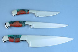 "Llano Sunrise" Chef's Set in T3 cryogenically treated 440C high chromium martensitic stainless steel blades, 304 stainless steel bolsters, Cuprite Mosaic gemstone handles