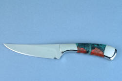 "Llano Sunrise" Chef's Set, Talitha small utility knife, in T3 cryogenically treated 440C high chromium martensitic stainless steel blades, 304 stainless steel bolsters, Cuprite Mosaic gemstone handles
