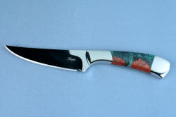 "Llano Sunrise" Chef's Set, Talitha small utility knife, maker's mark detail in T3 cryogenically treated 440C high chromium martensitic stainless steel blades, 304 stainless steel bolsters, Cuprite Mosaic gemstone handles