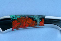"Llano Sunrise" Chef's Set, Talitha small utility knife, reverse handle detail without photo reflector, in T3 cryogenically treated 440C high chromium martensitic stainless steel blades, 304 stainless steel bolsters, Cuprite Mosaic gemstone handles