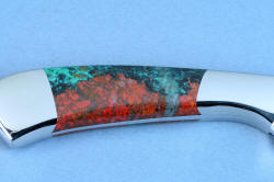 "Llano Sunrise" Chef's Set, Talitha small utility knife, gemstone handle detail, reverse side, in T3 cryogenically treated 440C high chromium martensitic stainless steel blades, 304 stainless steel bolsters, Cuprite Mosaic gemstone handles