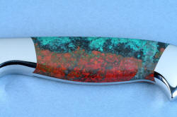 "Llano Sunrise" Chef's Set, Eridanus boning, fillet, slicing knife, obverse side handle detail, in T3 cryogenically treated 440C high chromium martensitic stainless steel blades, 304 stainless steel bolsters, Cuprite Mosaic gemstone handles