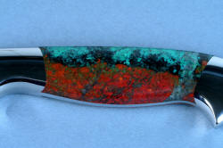 "Llano Sunrise" Chef's Set, Eridanus boning, fillet, slicing knife, obverse side handle detail without photo reflector, in T3 cryogenically treated 440C high chromium martensitic stainless steel blades, 304 stainless steel bolsters, Cuprite Mosaic gemstone handles