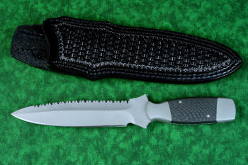 "Lynx" Custom tactical knife, obverse side view in T3 cryogenically treated ATS-34 high molybdenum martensitic stainless steel blade, 304 stainless steel bolsters, carbon fiber handle, with black basketweave leather sheath