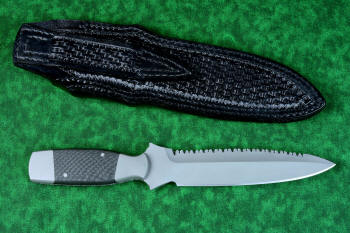 "Lynx" Custom tactical knife, reverse side view in T3 cryogenically treated ATS-34 high molybdenum martensitic stainless steel blade, 304 stainless steel bolsters, carbon fiber handle, with black basketweave leather sheath