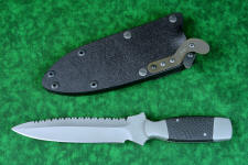 "Lynx" Custom tactical knife, obverse side view in T3 cryogenically treated ATS-34 high molybdenum martensitic stainless steel blade, 304 stainless steel bolsters, carbon fiber handle, hybrid tension tab-wedge sheath in kydex, anodized aluminum, anodized titanium, blackened stainless steel