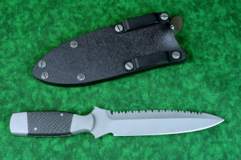 "Lynx" Custom tactical knife, reverse side view in T3 cryogenically treated ATS-34 high molybdenum martensitic stainless steel blade, 304 stainless steel bolsters, carbon fiber handle, hybrid tension tab-wedge sheath in kydex, anodized aluminum, anodized titanium, blackened stainless steel