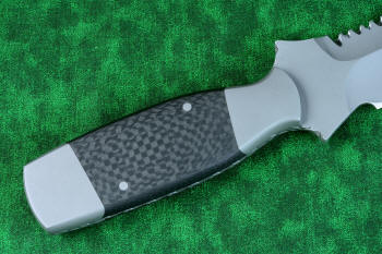 "Lynx" Custom tactical knife, carbon fiber and media-blasted handle in T3 cryogenically treated ATS-34 high molybdenum martensitic stainless steel blade, 304 stainless steel bolsters, carbon fiber handle, hybrid tension tab-wedge sheath in kydex, anodized aluminum, anodized titanium, blackened stainless steel
