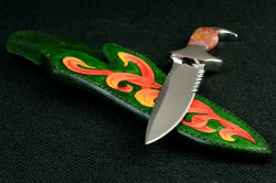 "Macha Navigator" Fine Custom Knife, point detail. Blade is razor keen, with a top swage that reduces point profile. All blade is deeply hollow ground