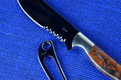 "Mariner" Custom Knife, maker's mark view. Photographed in shadow to reveal diamond-cut engraved knife maker's marks on knife and marlinspike