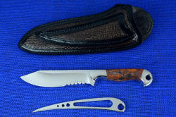 "Mariner" Custom Knife, obverse side view with sheath front. Sheath is compact yet substantial, with piggyback sheath for marlinspike