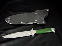 "Markarian" tactical combat knife, obverse side view in 440C high chromium stainless steel blade, 304 stainless steel bolsters, nephrite jade gemstone handle, tension kydex, aluminum, steel sheath