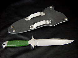 "Markarian" combat knife, reverse side view. Note traditional knife lines, die formed high strength aluminum belt loops on sheath
